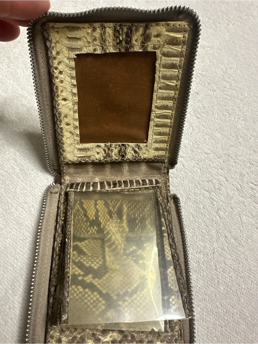 Vintage snakeskin Compact Zip Wallet in Brown with Black Trim. Exotic. Boho.